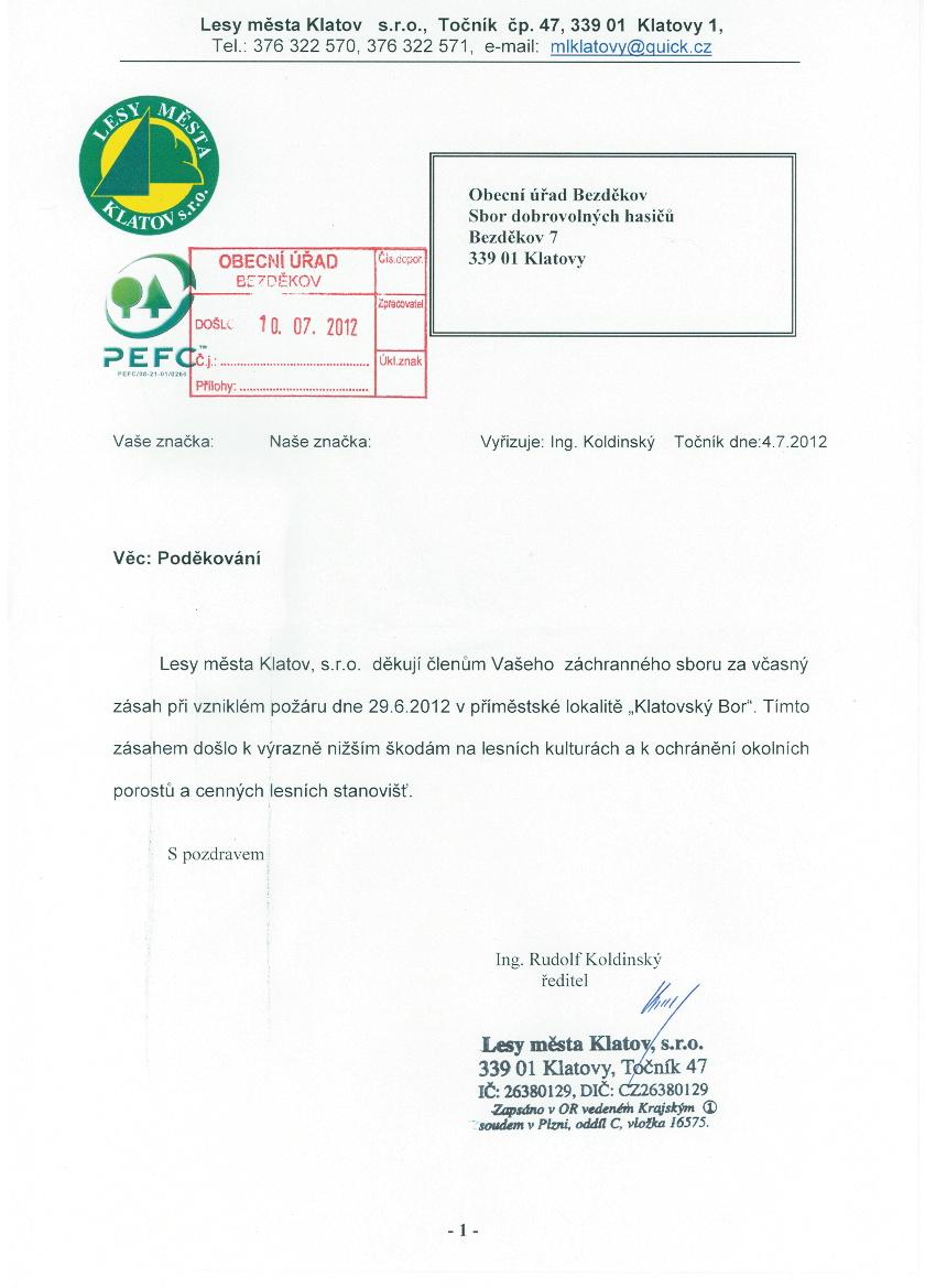 Poděkování - Lesy města Klatov, s.r.o.